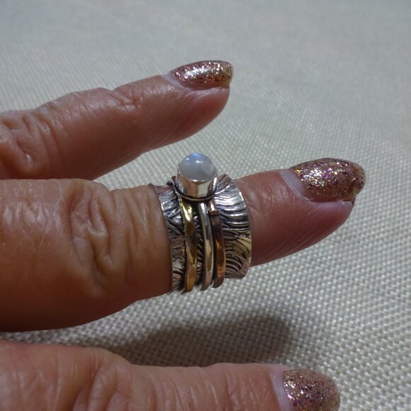 Whimsical RAINBOW MOONSTONE SILVER & COPPER SPINNER Handmade Ring Size 7.5 #163C - Picture 2 of 3